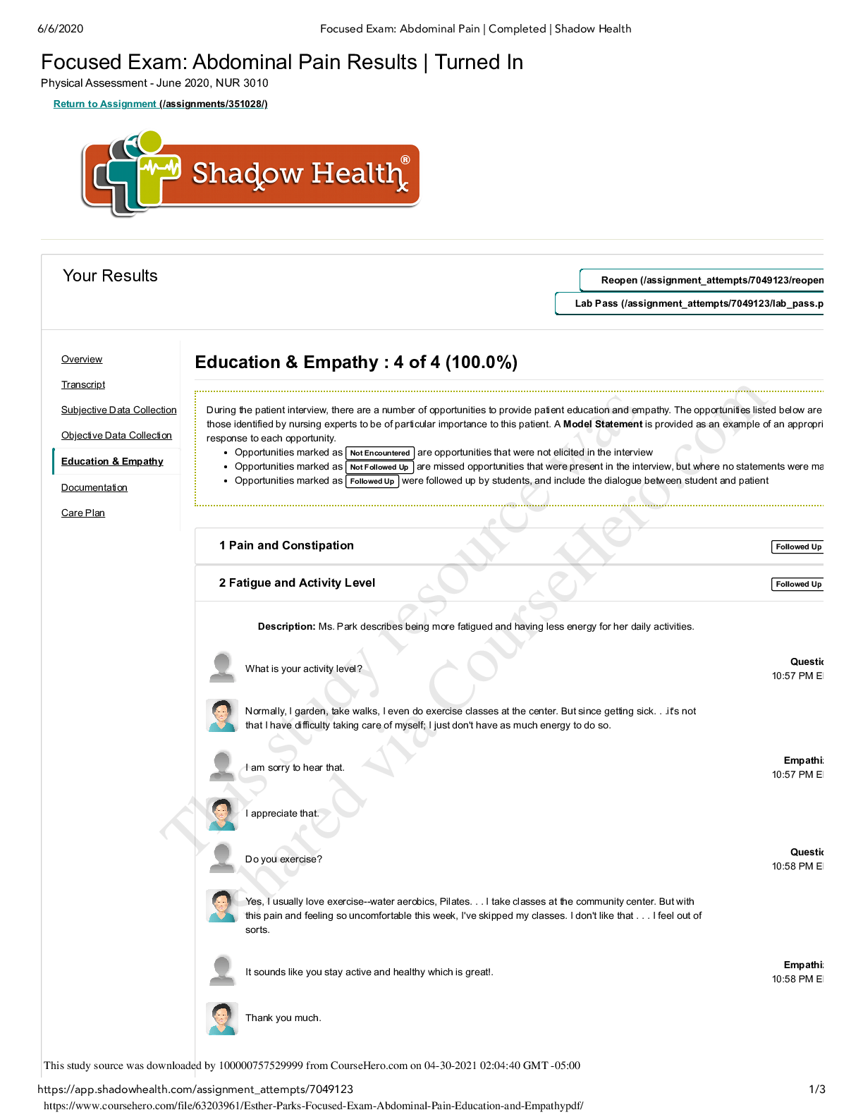 Esther Parks Focused Exam Abdominal Pain Education and Empathy